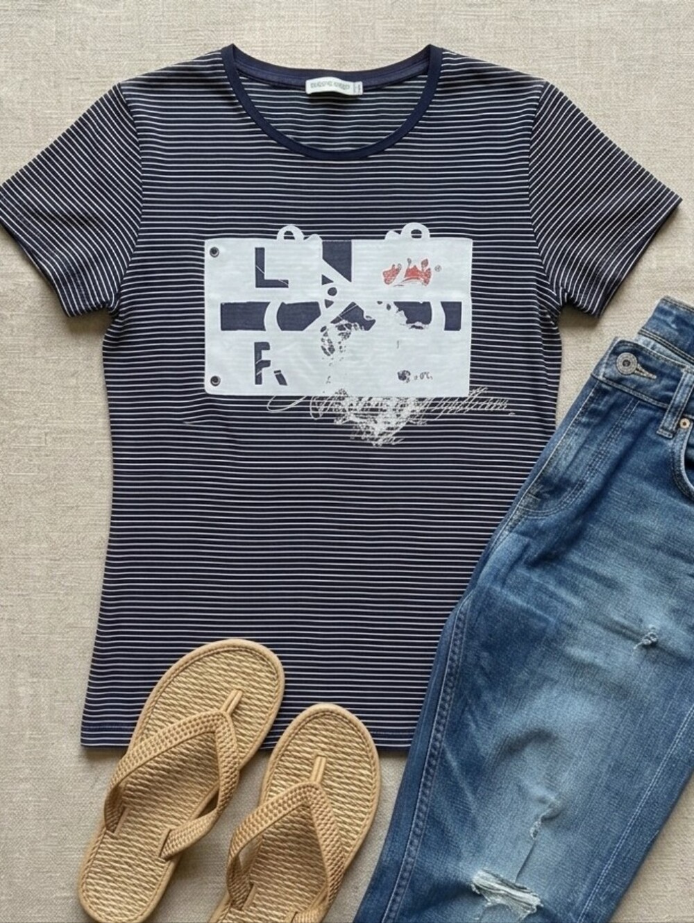 LAUREN RALPH LAUREN Navy & White Striped Coastal Tee